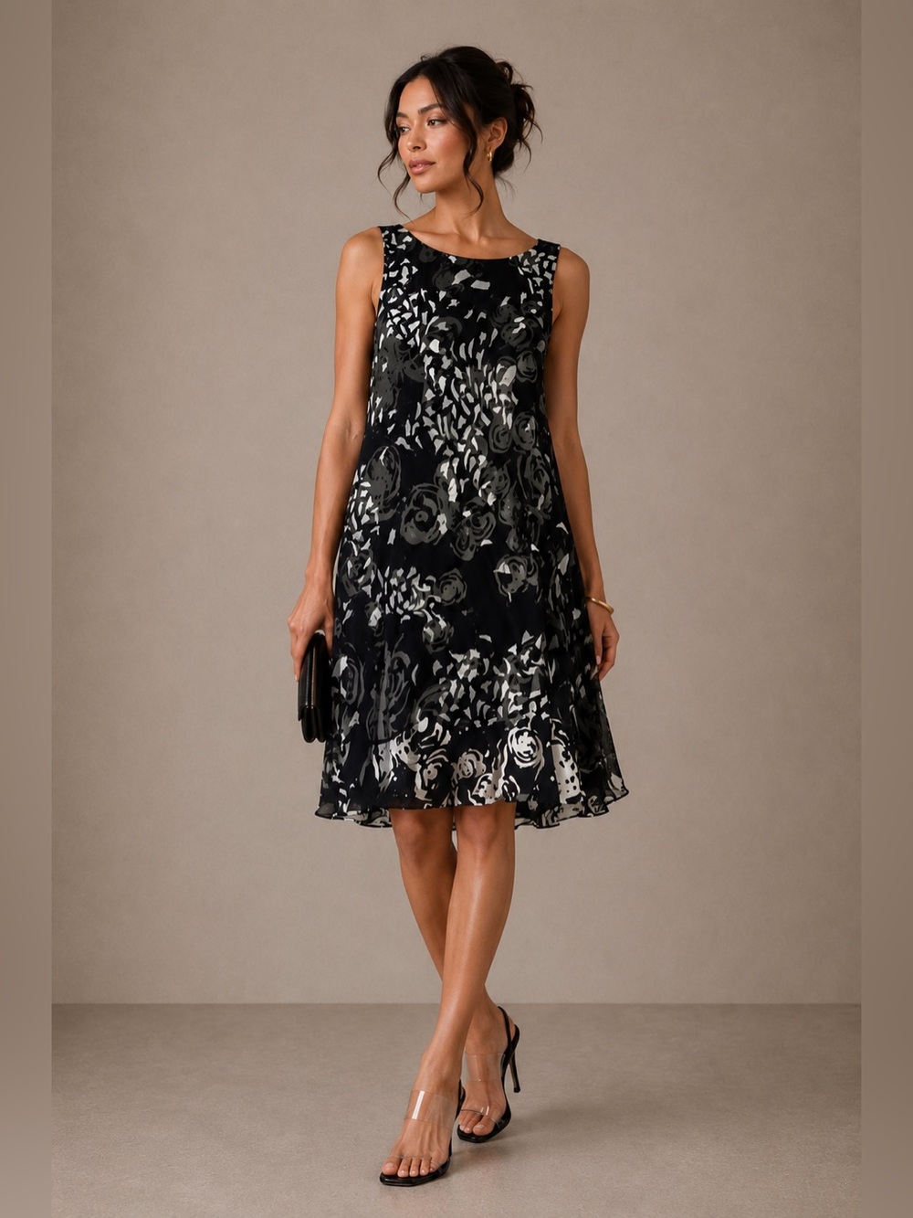 Peter Nygard Black & Silver Floral Sleeveless Midi Dress